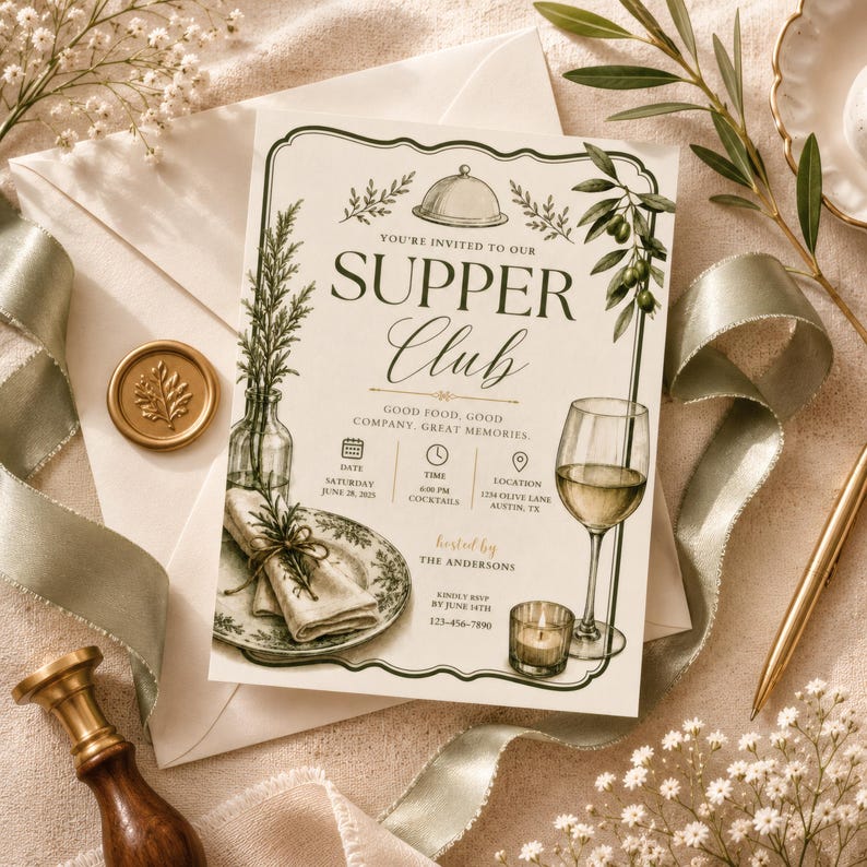 Supper Club Invitation Template, Dinner Party Invite Editable Canva, Vintage Olive Italian Dinner Party Invitation Printable Canva image 5
