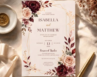 Burgundy Wedding Invitation Template, Editable Floral Marriage Invite, Fall Wedding Announcement, Elegant Gold Frame Evite, Canva