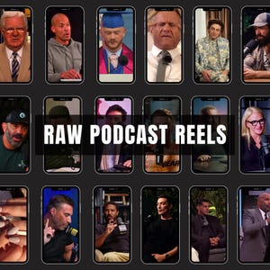 May include: A collage of 16 images showing different people on their phones, with the text "RAW PODCAST REELS" in the center.