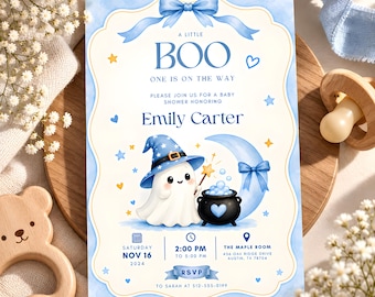 Little Boo Baby Shower Invitation Boy, Blue Ghost Halloween Baby Shower Invite, Editable Canva Template, Coquette Bow Digital Download