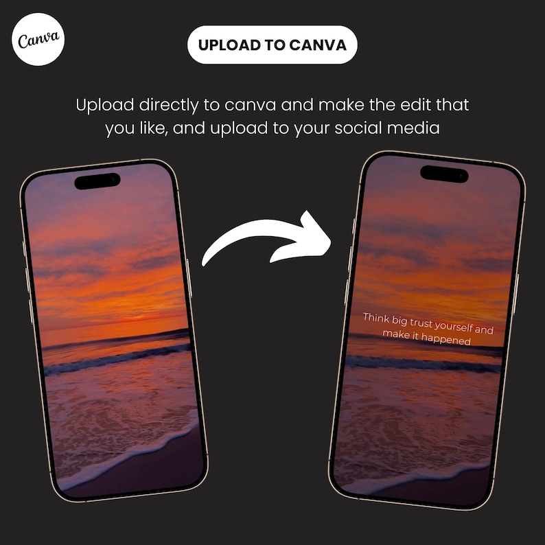 Puede incluir: La pantalla de un tel&eacute;fono que muestra una puesta de sol sobre el oc&eacute;ano con el texto "Think big trust yourself and make it happened" en la esquina inferior derecha.