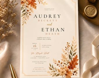 Fall Wedding Invitation Template, Autumn Wedding Invite, Rustic Wedding Invitation, Printable Digital Download Canva