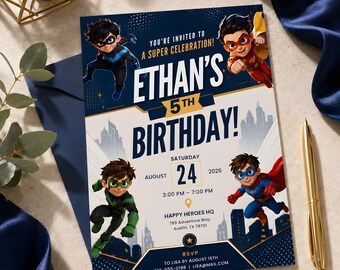 Superhero Birthday Invitation Editable Template | Boy Superhero Party Invite Canva | Comic Book Kids Birthday Digital Download