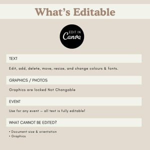 May include: A beige informational graphic titled What's Editable with a black Canva logo. It lists text as editable, graphics as locked, and notes that document size, orientation, and graphics cannot be changed for any event template.