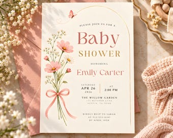 Wildflower Baby Shower Invitation Template, Boho Floral Girl Baby Shower Invite, Editable Canva Pink Arch Invitation Instant Download