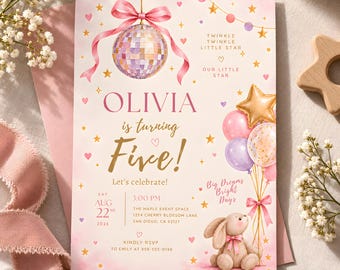 Disco Birthday Invitation, Girl Birthday Invite, Pink Bow Disco Ball, Pastel Disco Party,Editable Template, Printable Digital Download Canva
