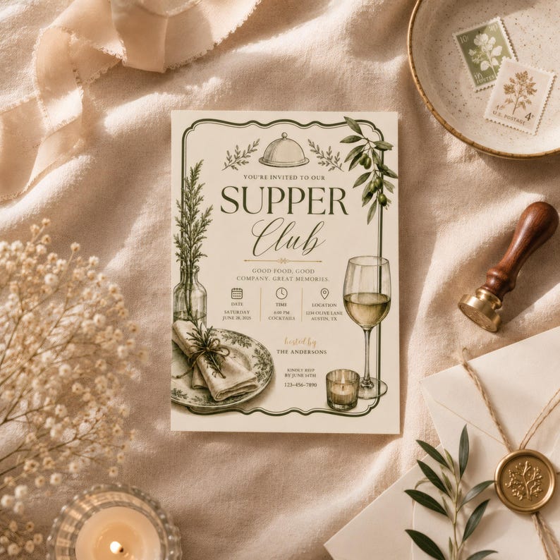 May include: A cream-coloured rectangular invitation card titled "SUPPER Club" in dark green text. The design features illustrations of a cloche, olive branch, wine glass, candle, and a plate with a napkin. It includes text for date, time, and location.