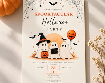Halloween Party Invitation, Cute Ghost Kids Invite, Editable Spooky Trick or Treat Template, Canva Instant Download Printable