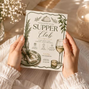 Elegant supper club dinner party invitation close up showing editable host name date time location and RSVP fields, vintage olive Italian dinner Canva template personalized instant download