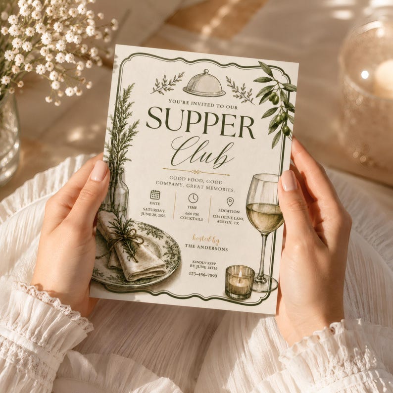 Elegant supper club dinner party invitation close up showing editable host name date time location and RSVP fields, vintage olive Italian dinner Canva template personalized instant download
