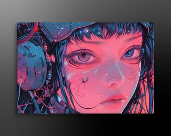 May include: A digital art illustration of a woman with blue hair and a pink and blue face. She is wearing a headset and has a futuristic, cyborg-like appearance.