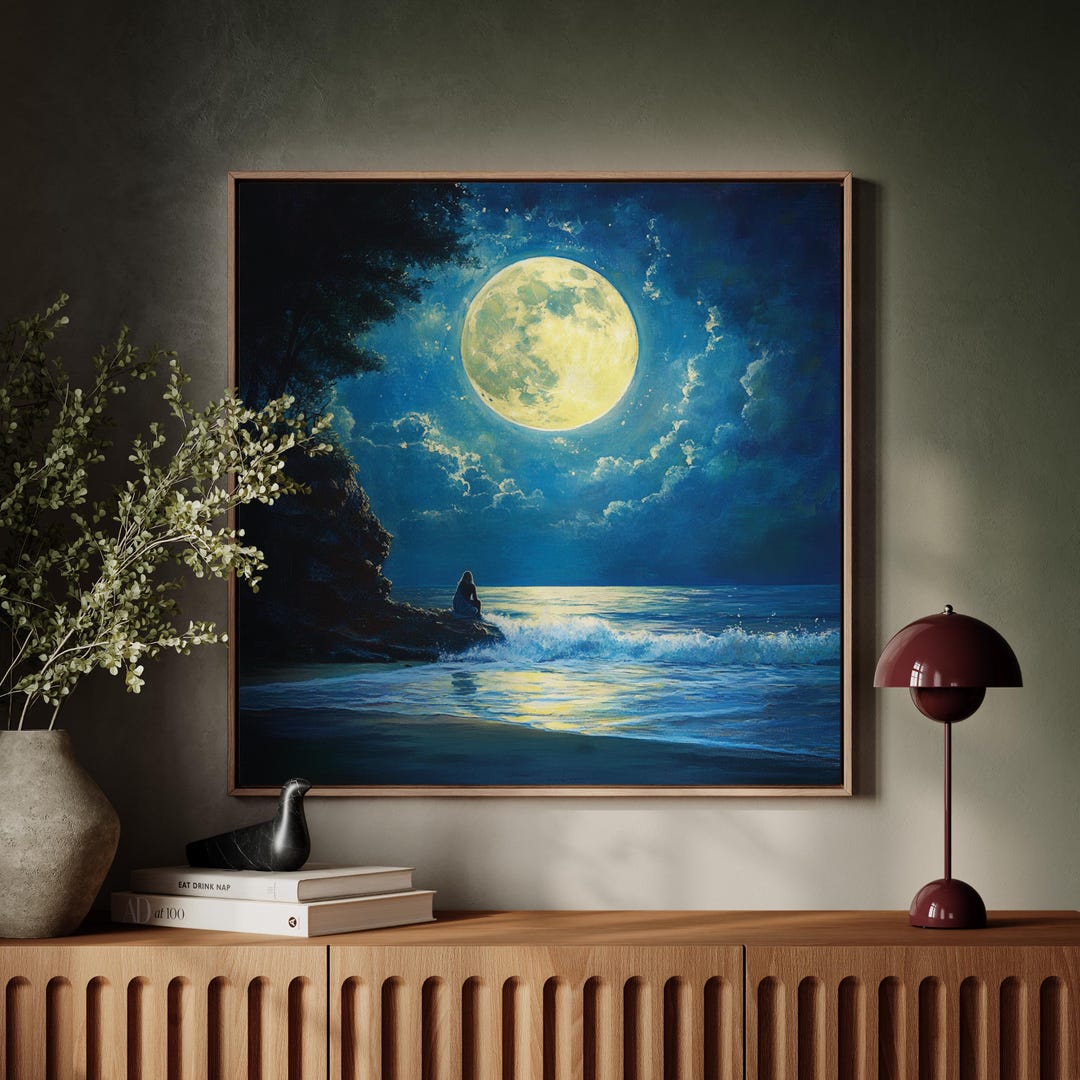 Full Moon Night Wall Art, Glowing Lunar Poster, Celestial Sky Poster ...