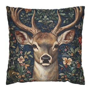 Funda de almohada con diseño de animales de William Morris, con ciervos y flores, cojín decorativo, funda de almohada, decoración vintage para el hogar, cojín botánico con ciervos.