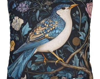 William Morris Blue Bird Pillow, Vintage Botanical Pillow Cover, Elegant Accent Pillow, Nature-Inspired Throw Pillow, Decorative Cushion