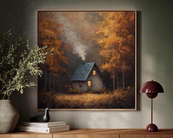 Könnte beinhalten: Gerahmtes Gemälde, das eine gemütliche Hütte in einem Herbstwald zeigt. Die Hütte hat ein blaues Dach, beleuchtete Fenster und Rauch, der aus dem Schornstein aufsteigt. Die Bäume zeigen leuchtend orangefarbenes und gelbes Laub.