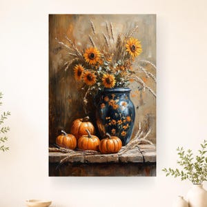 May include: A vertical oil painting on canvas depicting a dark blue ceramic vase filled with yellow sunflowers and wheat stalks. Three orange pumpkins sit on a wooden surface in front of the vase, with additional wheat stalks scattered nearby.