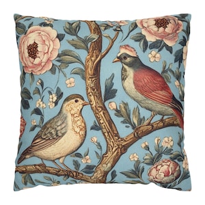 William Morris Floral Birds Accent Pillow, Botanical Throw Pillow, Vintage Nature Pillowcase, Nature-Inspired Pillow Cover, Cozy Home Decor