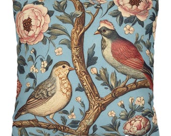 William Morris Floral Birds Accent Pillow, Botanical Throw Pillow, Vintage Nature Pillowcase, Nature-Inspired Pillow Cover, Cozy Home Decor