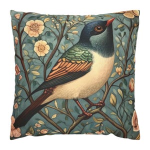 William Morris Bird Pillow, Vintage Botanical Throw Pillow, Nature-Inspired Accent Cushion, Elegant Floral Pillow Cover, Decorative Pillow