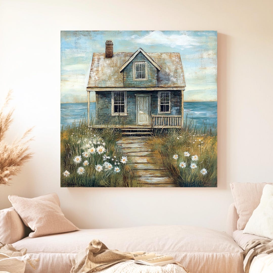Coastal Cottage on Weathered Wood Wall Art, Rustic Beach House Poster ...