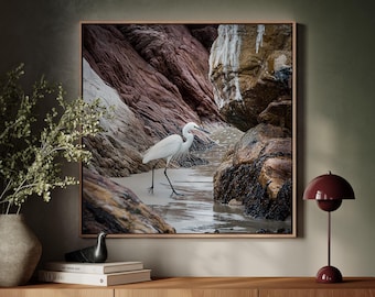 Lone Egret Wall Art, Coastal Bird Poster, Seaside Framed Poster, Elegant Egret Canvas Print, Framed Canvas for Beach Home Wall Decor