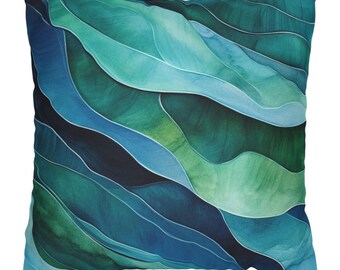 May include: A square throw pillow featuring an abstract design in shades of blue and green. The design resembles flowing water with wavy lines and shapes.