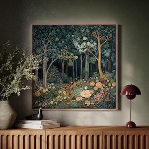 Arte mural de William Morris "Bosque encantado", póster vintage de bosque, póster botánico enmarcado, lienzo de bosque, lienzo enmarcado para decoración del hogar