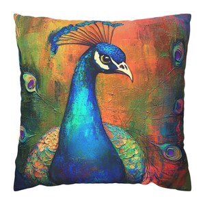 Colorful Peacock Accent Pillow, Boho Throw Pillow, Peacock Feather Pillowcase, Vibrant Bird Pillow Cover, Maximalist Home Living Room Decor