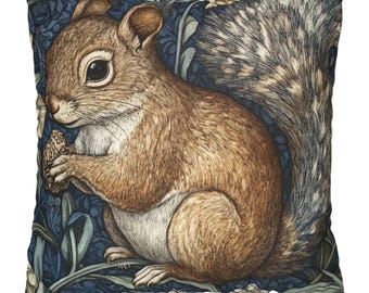 Squirrel Throw Pillow Cover, Vintage Pillow Case, William Morris Pillow, Polyester Pillow Case, Sofa Couch Accent Pillow, Mother's Day Gift