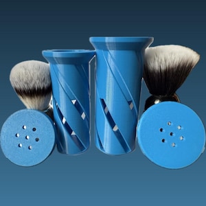 May include: A set of shaving accessories, including two blue cylindrical holders with spiral cutouts, two shaving brushes with black handles and white bristles, and two blue circular stands with holes.