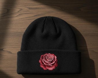 Rose Stem Beanie Cap, Winter Hat Embroidered Beanie Cuffed Cap
