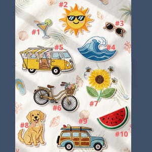 May include: A collection of embroidered patches featuring summer and beach-themed designs. Includes a yellow van, a smiling sun with sunglasses, a bicycle with a basket, a golden retriever, a wave, a watermelon slice, and more.