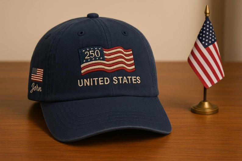 Op de afbeelding: Marineblauwe baseballcap met een geborduurd Amerikaans vlagpatch met de tekst "250 UNITED STATES". Aan de zijkant zit een kleine Amerikaanse vlag, met de naam "John" eronder geborduurd. Er is ook een miniatuur Amerikaanse vlag aanwezig.