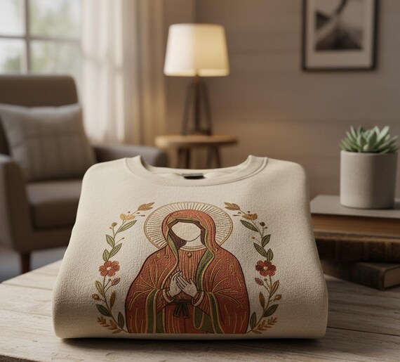 Custom Mary Embroidery Sweatshirt – Blessed Mother Catholic Shirt – Virgin Mary Floral Design – Religious Faith Gift for Women