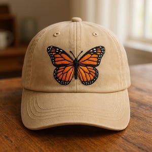 May include: A tan baseball cap featuring an embroidered monarch butterfly. The butterfly has orange wings with black borders and white spots. The cap has a curved brim and an adjustable strap.