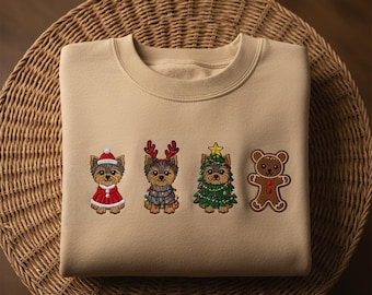Yorkie Christmas Embroidered Sweatshirt, Cute Dog Holiday Sweater, Yorkie Lovers Gift, Xmas Mini Embroidery Crewneck, Festive Pet Sweater