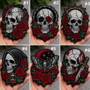 May include: Embroidered patches featuring skull designs with roses. Each patch showcases a unique skull illustration, some with additional elements like a spider, barbed wire, a halo, a grim reaper, a moth, and a sword. The patches are surrounded by red roses.