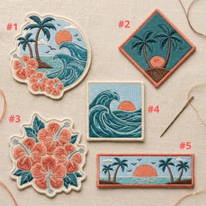 May include: Embroidered patches with tropical beach scenes. Designs include palm trees, waves, and sunsets in shades of blue, orange, and green. One patch features hibiscus flowers. Patches are in various shapes: round, square, diamond, and rectangular.