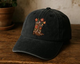 Cowboy Boots Embroidered Dad Hat – Western Style Cap with Colorful Wildflowers, Rustic Country Adjustable Washed Cotton Baseball Hat