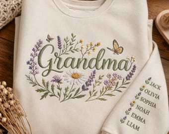 Custom Grandma Sweatshirt Personalized Wildflower Embroidered Sweatshirt Vintage Floral Family Name Gift Nana Gift Cozy Shirt