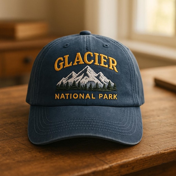 Glacier National Park Embroidered Hat – Vintage Dad Cap with Mountain and Pine Forest Design