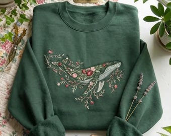 Custom Whale Sweatshirt Floral Embroidery Ocean Animal Shirt Nature Lover Gift Cottagecore Aesthetic Marine Life Cozy Outfit