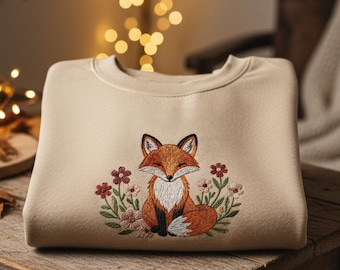 Fox Embroidered Sweatshirt – Cozy Cottagecore Pullover with Floral Design, Woodland Aesthetic Sweater