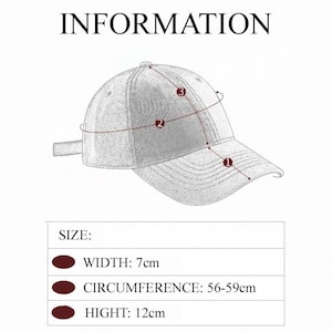 Op de afbeelding: Een baseballpet met maat informatie. De breedte van de pet is 7 cm, de omtrek is 56-59 cm en de hoogte is 12 cm. Het woord "INFORMATION" staat bovenaan de afbeelding.
