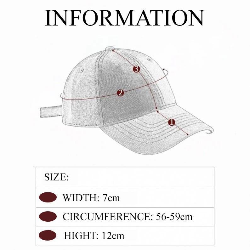 Op de afbeelding: Een baseballpet met maat informatie. De breedte van de pet is 7 cm, de omtrek is 56-59 cm en de hoogte is 12 cm. Het woord "INFORMATION" staat bovenaan de afbeelding.