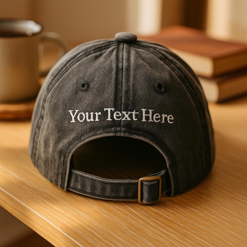 Op de afbeelding: Een antracietgrijze baseballpet met de tekst "Your Text Here" in het wit geborduurd. De pet heeft een gebogen klep, een metalen gespsluiting en een kleine knoop aan de bovenkant. De hoed is gemaakt van zacht, versleten materiaal.