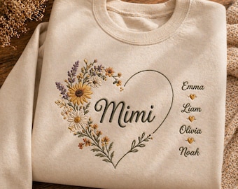 Custom Mimi Sweatshirt Embroidered Floral Heart With Kids Names Personalized Grandma Gift Family Name Shirt Gift For Mom
