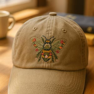 Embroidered Bee Dad Hat: Floral Cottagecore Baseball Cap