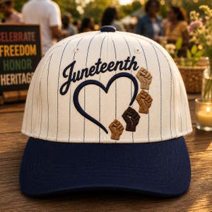 May include: A baseball cap in white with navy blue stripes and a navy blue brim. The cap features the word "Juneteenth", a heart, and four raised fists in different skin tones. The design celebrates Juneteenth.