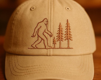Bigfoot Embroidered Hat, Sasquatch Forest Baseball Cap, Outdoor Hiking Dad Hat, Nature Lover Gift, Minimal Mountain Adventure Cap
